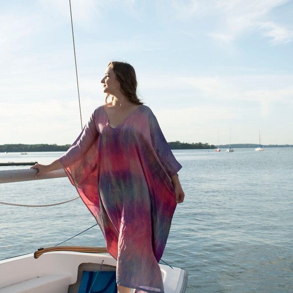 Silk Caftan Kaftan beach coverup resortwear midi S M L XL pink purple tie dyed - Picture 7 of 10